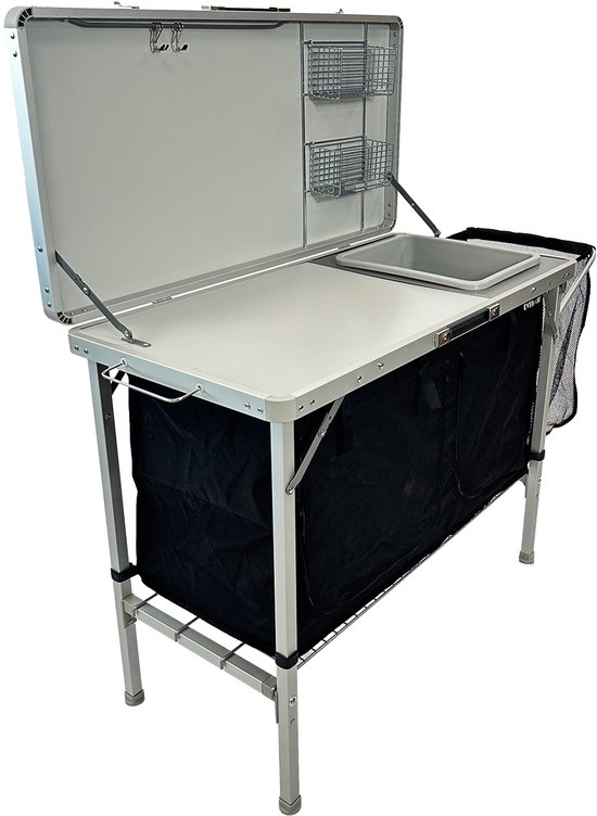 EveBase Silver Deluxe - Campingkeuken met Wasbak - Opvouwbare Campingkast met Opbergruimte en Organizers - Zilver/Zwart — afbeelding 4