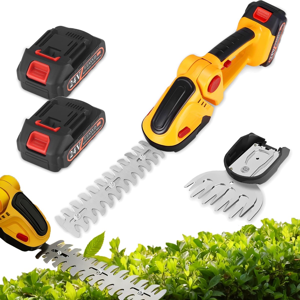 SnelShoppen - Draadloze Gras- en Struikschaar, Elektrische Heggenschaar 24V met 2 x 1500 mAh Accu, 2-in-1 Opzetstuk voor Tuinonderhoud, 30 cm en 10 cm