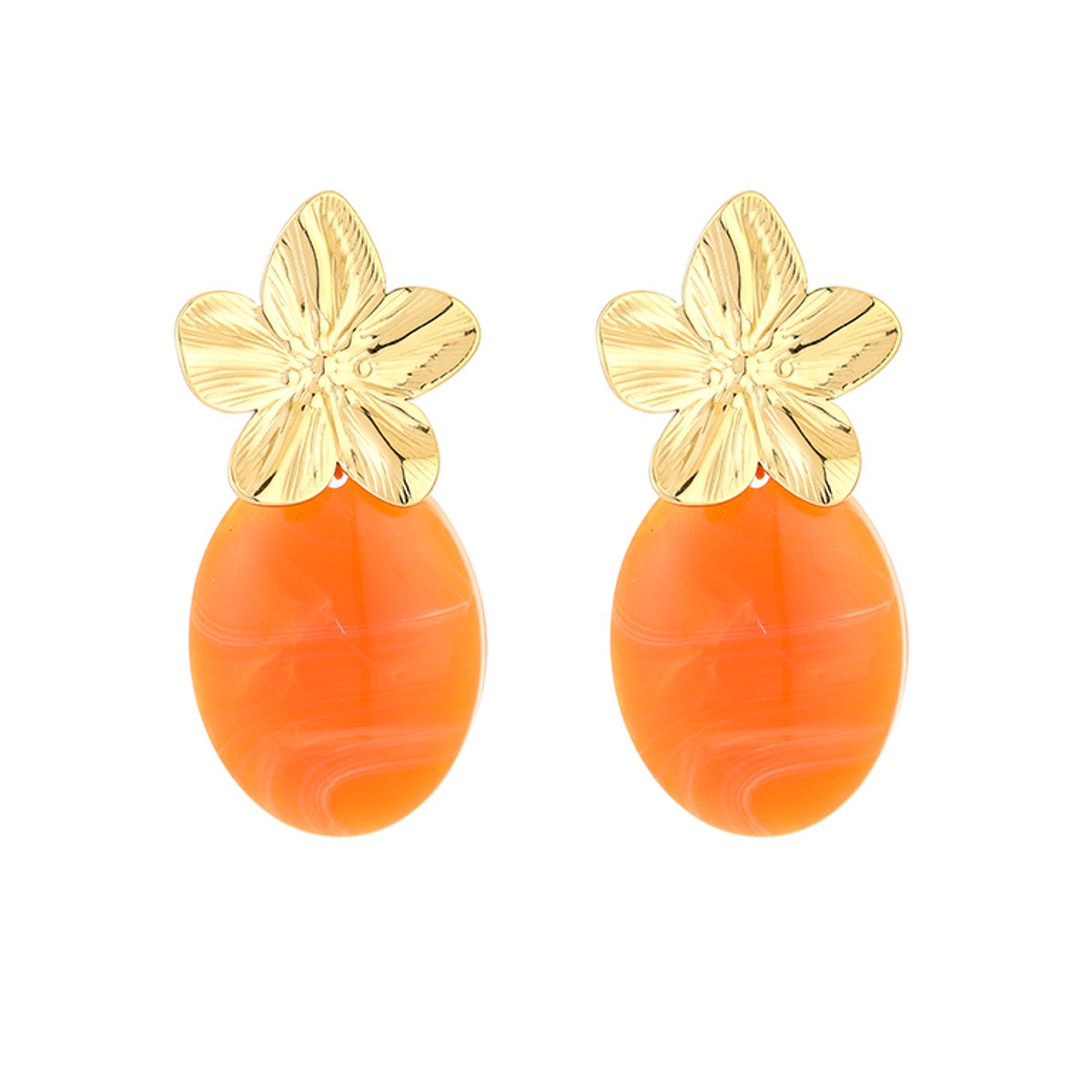 Stainless Steel Sculptural Floral Resin Drop Earrings – Luxe Bloem Statement Oorbellen – RVS - Oranje