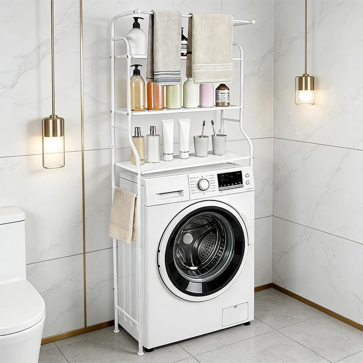 Opbergrek Toilet - Badkamerrek Organizer - Ruimte Besparen - Robuust Koolstofstaal - 65 x 25 x 160 cm - Wit