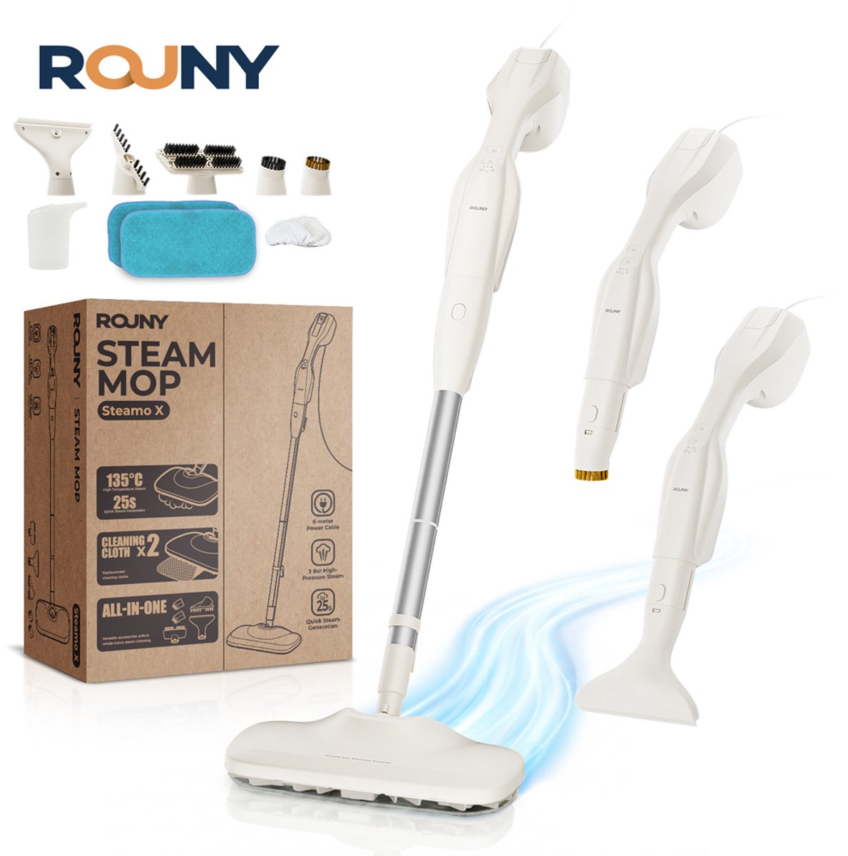 Rouny Multifunctionele Stoomreiniger 1000-1200W – 2,5-3 Bar / 135°C – 250ml, opwarmtijd 25s – 2 standen – borstel & rakel inbegrepen