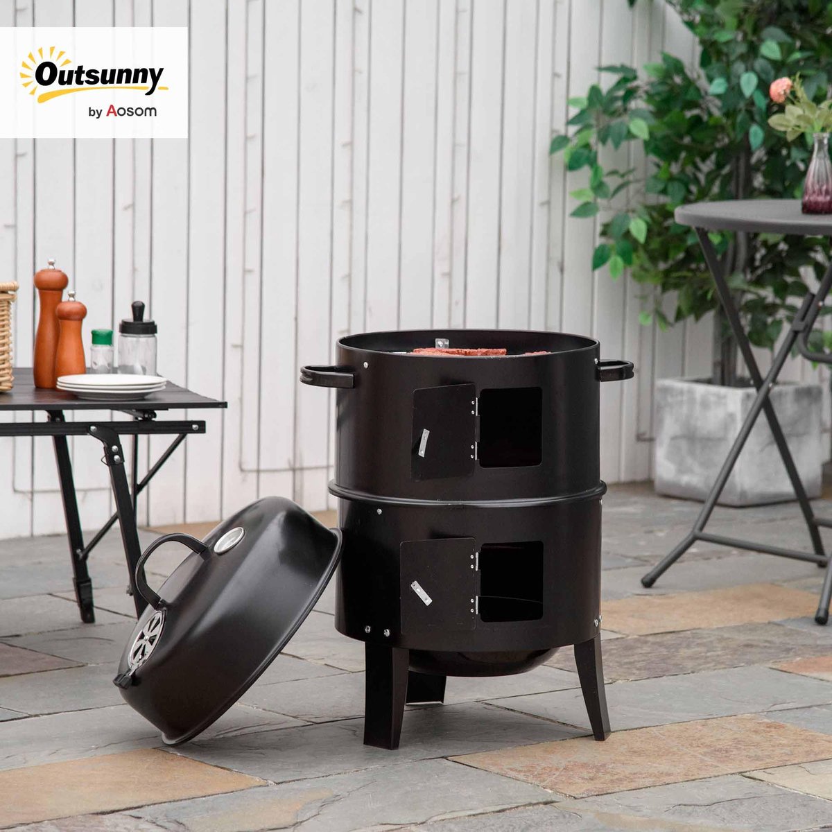 BBQ-rookoven 3-in-1 houtskoolgrill voor buiten met ingebouwde thermometer Multifunctionele grill geschikt voor kamperen tuinieren en barbecueën in de buitenlucht Afmetingen 40*84 cm Zwart
