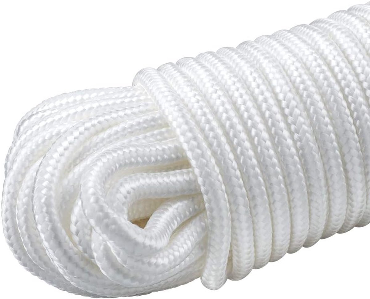 Nylon touw - Bindtouw - Gevlochten touw - Tenttouw -Natuurlijk katoenen gevlochten touw - Multifunctioneel - Waslijn - 6 mm x 15 m - Wit