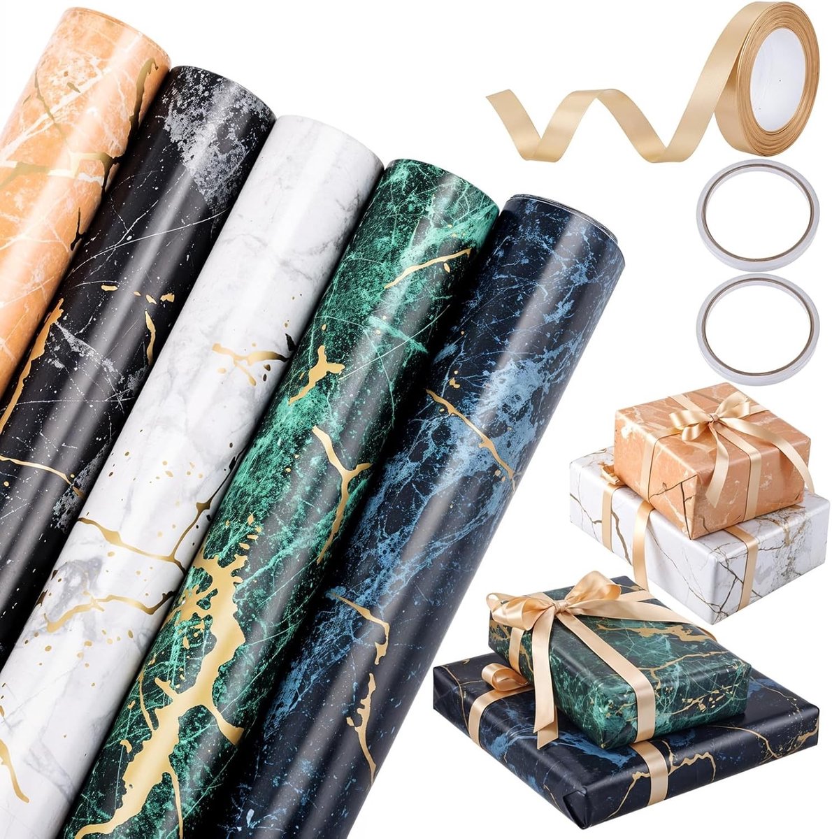 Set van 5 Rollen Cadeaupapier 43 cm x 3 m, Marmer, Goud, Perfect voor Verjaardagen, Kerst en Bruiloften, Inclusief Lint, 5 Unieke Ontwerpen