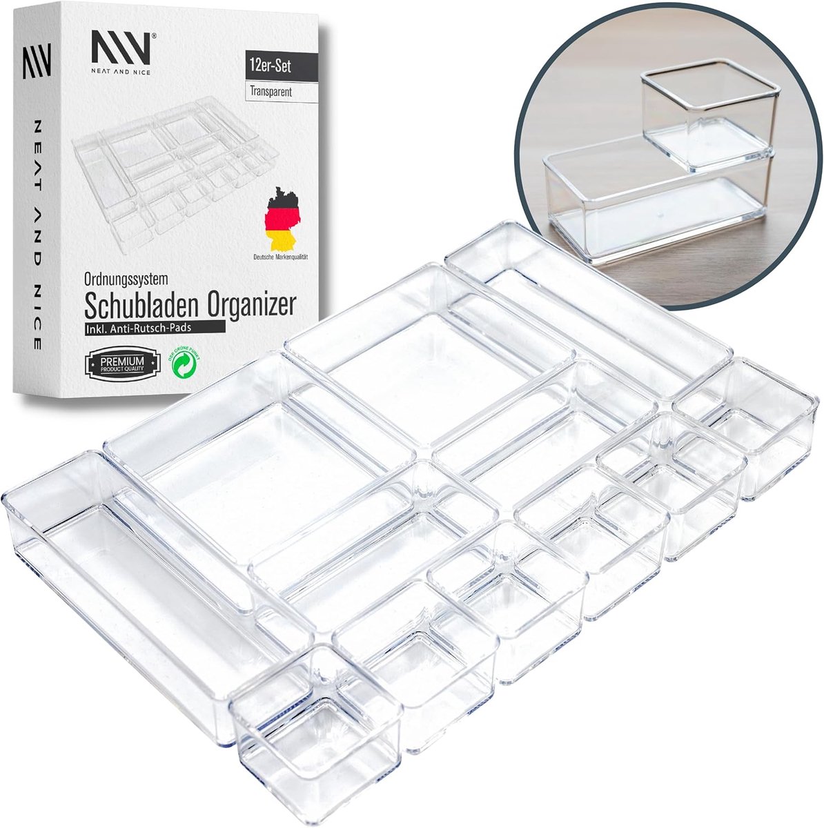 lade-organizer 12-delig - transparant - met antislippads - ideaal voor make-up en kantoor - SnelShoppen
