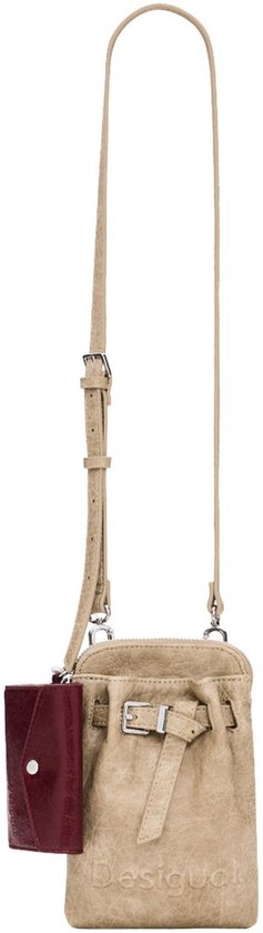 Beige telefoonportemonnee met een apart donkerrood portemonneetje, lange schouderband en gespdetails.