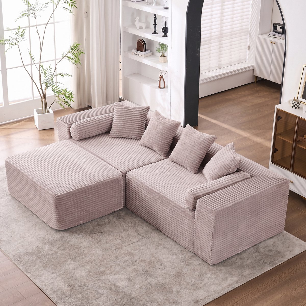 OKWISH Hoekbank 266 x 110 cm - Modulaire 3-Zits Met Chaise Longue Zonder Montage - Voor Woonkamer of Slaapkamer - Chenille - Beige