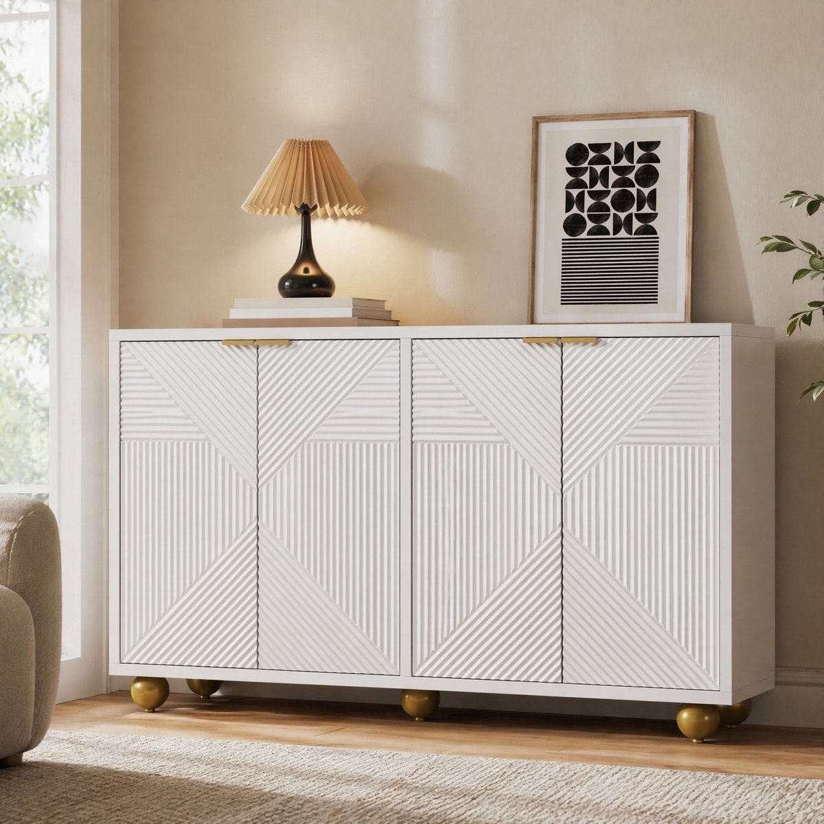 DESMIU Dressoir - Vier Deuren Met Gegraveerd Reliëf En Verstelbare Planken - Voor Woonkamer, Eetkamer En Hal - MDF - Wit - 120x35x71,5 Cm
