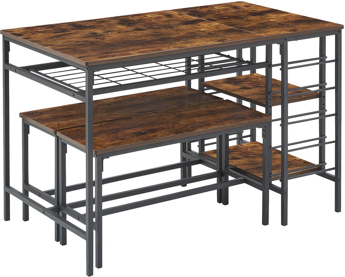 Ruimtebesparende 3-delige eetset voor 4 personen – rechthoekige tafel met 2 banken, wijnrek en opbergblad – modern eetmeubel voor appartementen, eenvoudige montage