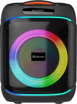Zwarte Denver speaker met een grote ronde speakergrill met gekleurde LED-verlichting.