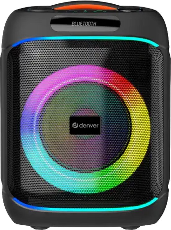 Zwarte Denver speaker met een grote ronde speakergrill met gekleurde LED-verlichting.