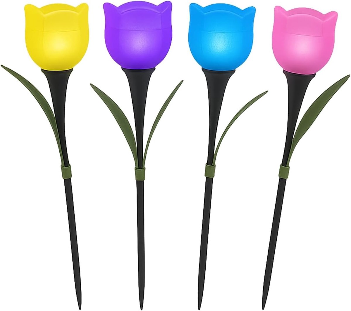 Set van 4 Tulp Solar Lampen - 6×6×48cm - Bloemvormige Solar Tuinverlichting - Met Grondvoet - LED Buitenverlichting - Geschikt voor Paden, Bloemperken en Balkons - Geel, Blauw, Paars, Roze