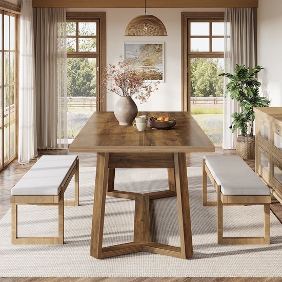 Eettafel met houtlook blad, open onderstel, met bloemen en fruit decor.