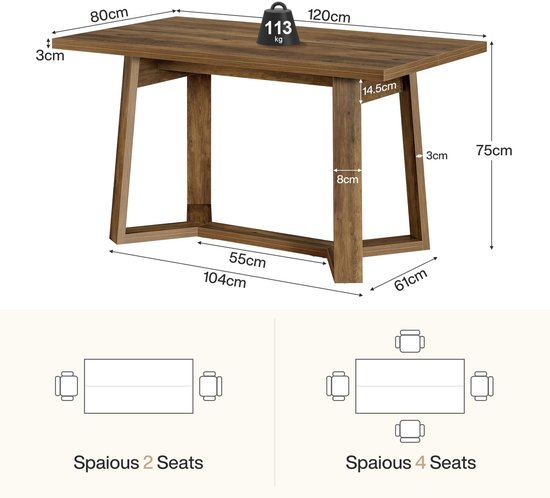 Afmetingen van de eettafel: 120x80x76cm. Met houtlook, voor 4-6 personen.