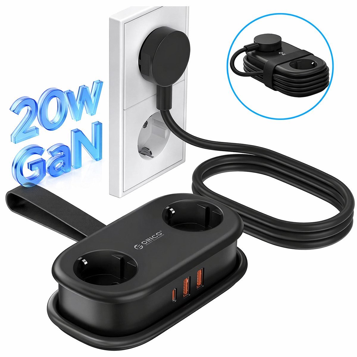 ORICO AP3 20W - Stekkerdoos - Reisstekkerdoos - GaN stekkerdoos – 5-in-1 platte stekker met stekkerdoos (2 stopcontacten + 2 x USB-A/1x USB-C) – Kinderveilig – 1,5 m kabel – Compact – Voor MacBook, iPad, iPhone, laptop