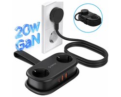 ORICO AP3 20W - Stekkerdoos - Reisstekkerdoos - GaN stekkerdoos – 5-in-1 platte stekker met stekkerdoos (2 stopcontacten + 2 x USB-A/1x USB-C) – Kinderveilig – 1,5 m kabel – Compact – Voor MacBook, iPad, iPhone, laptop