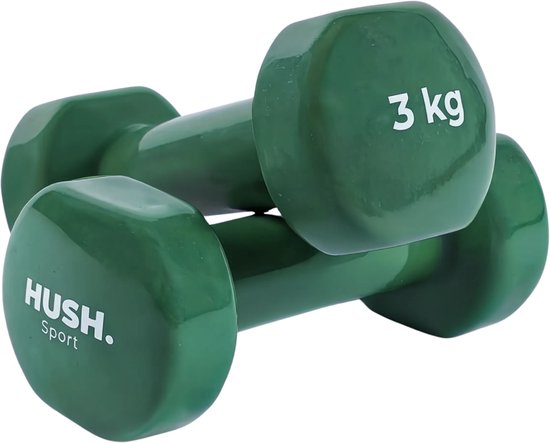 Twee donkergroene halters van 3 kg met HUSH. Sport logo.