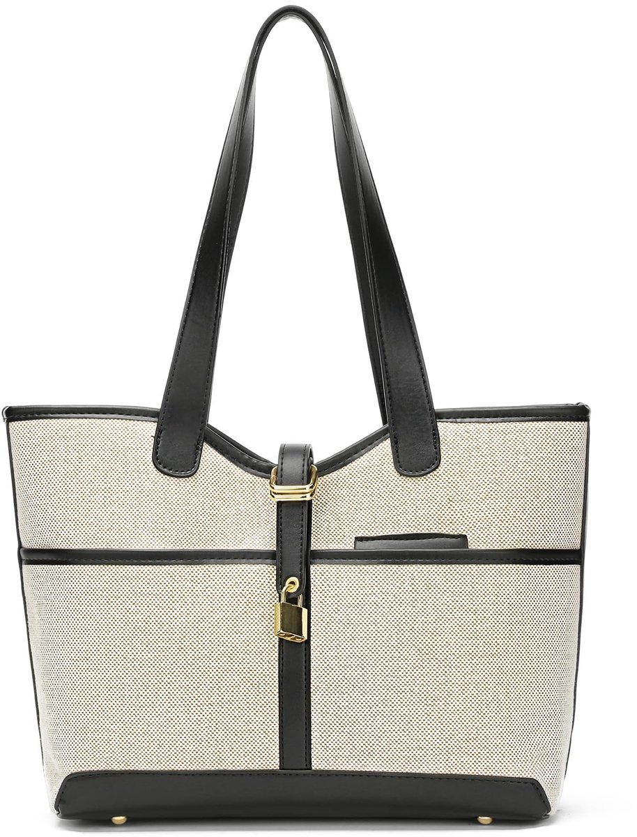 SnelShoppen - Modieuze Shopper Handtas voor Dames, Wit-Zwart, Met Ritssluiting en Binnenzak, Ideaal voor Werk, Reizen en Winkelen