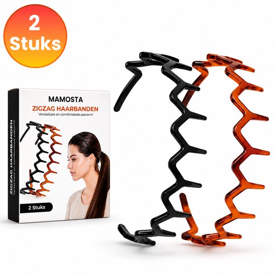 Twee Mamosta zig-zag haarbanden, zwart en amberkleurig, met een doosje met een model.