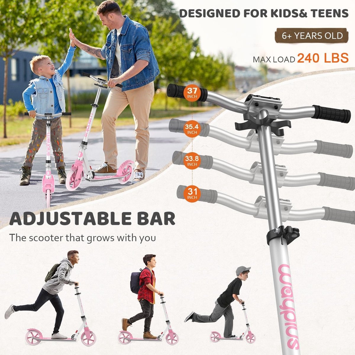 SnelShoppen - WAYPLUS Citystep voor Kinderen, Jongeren en Volwassenen - Inklapbaar, Lichtgewicht, Verstelbaar, Roze, Max. Belastbaarheid 108 kg, 205 m