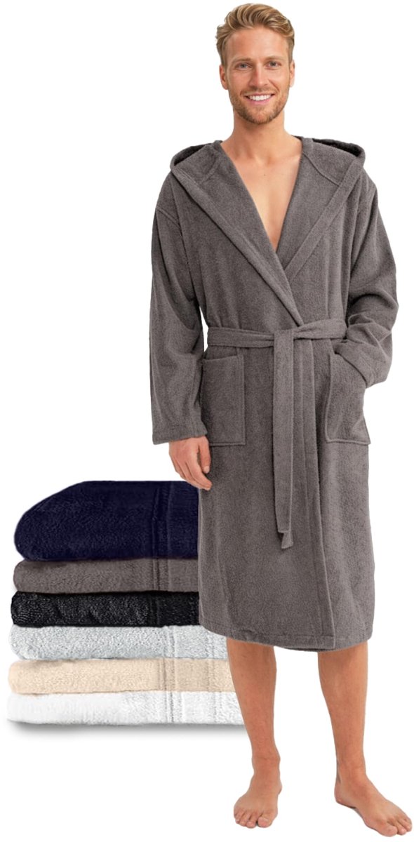 SnelShoppen - Herenbadjas XXL Donkergrijs 100% Oeko-Tex Katoen, Luxe Badjas voor Thuis, Wellness, Zwemmen, Sauna, Comfortabele Nachtkleding