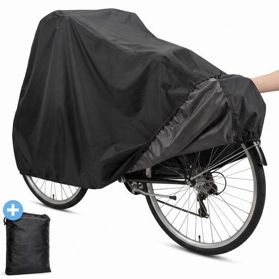 Zwarte fietshoes die een fiets bedekt, met een opbergzakje ernaast. De hoes is waterdicht en extra sterk.