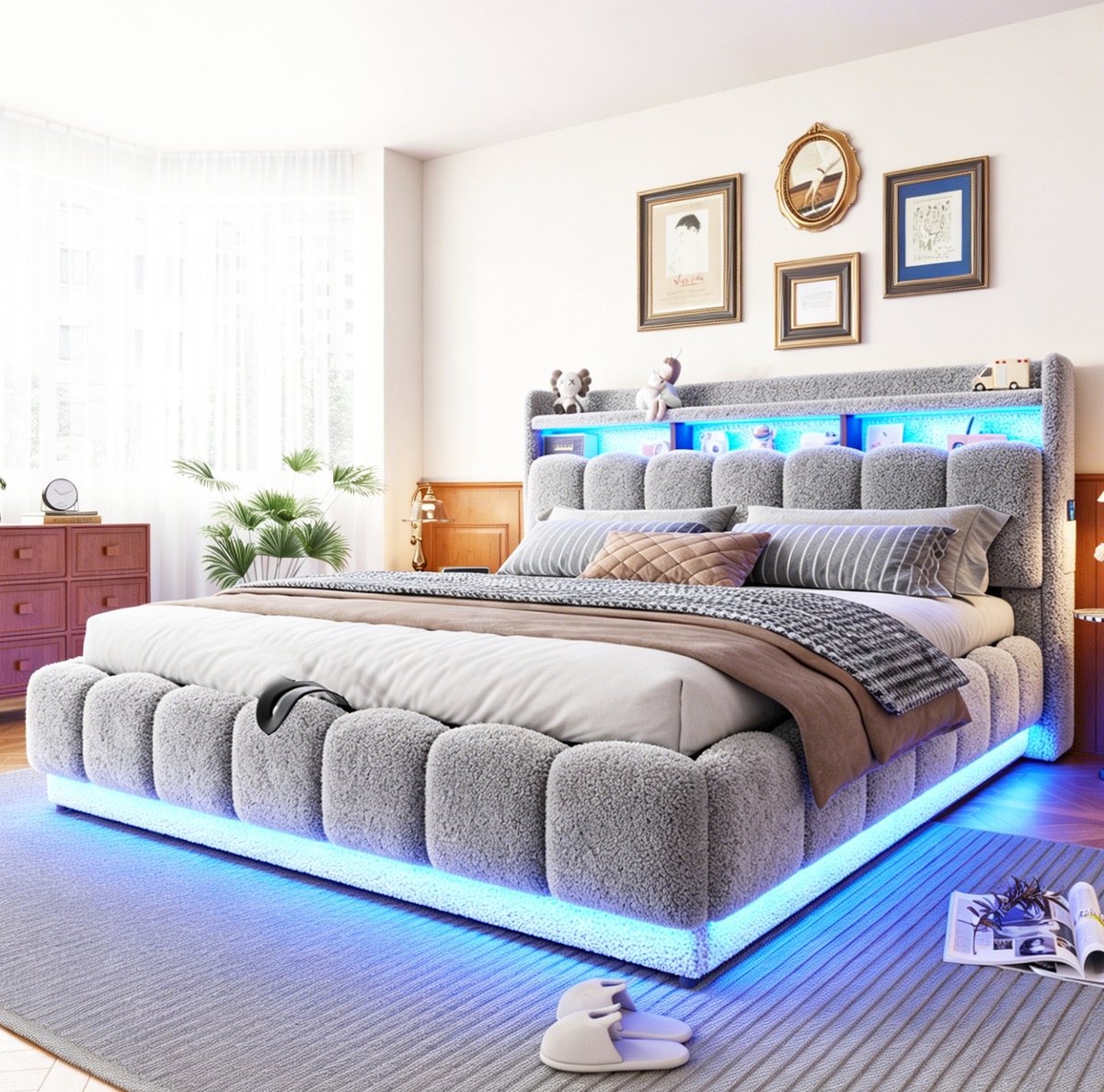 OKWISH Gestoffeerd Bed 180x200 cm – Met LED Lichtstrip en USB Aansluiting – Hydraulische Opbergruimte – Tweepersoons – Stof en Metaal – Grijs – Zonder matras