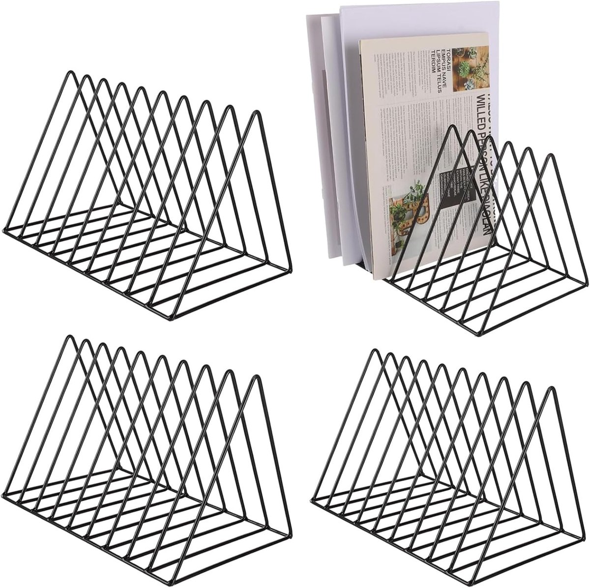 SnelShoppen - 4 Stuks Magazine Stand Zwart Tijdschrift Houder Metaal Boeksteun 9 Slots Triangulaire Bureau Boekenkast Modern Krantenhouder Voor Kantoo