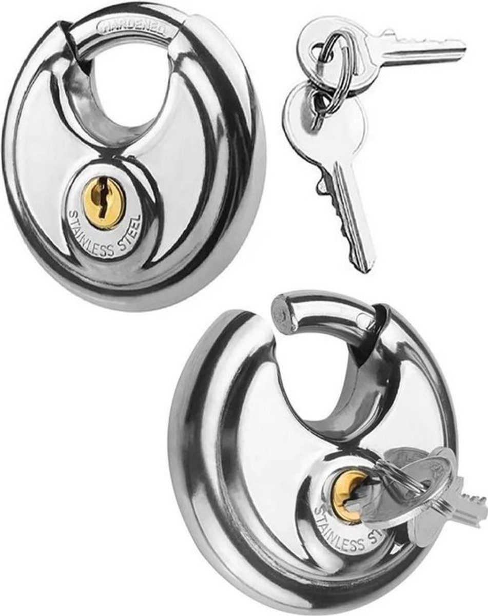 Set van twee ronde hangsloten van 70 mm | Veiligheidshangsloten met twee sleutels | Weerbestendige hangsloten - Roestvrij staal | Hangsloten voor autoaanhangers | Hangsloten voor buiten