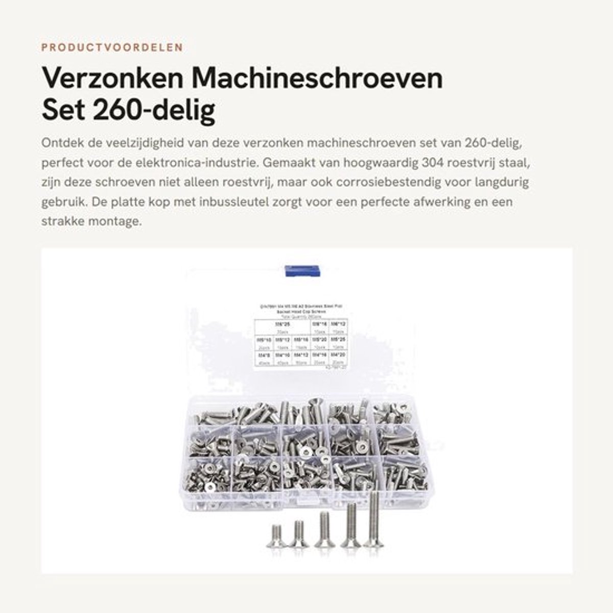 Verzonken Machineschroeven Set - 260-delig - Roestvrij staal 304 - Platte kop met inbussleutel - Voor elektronica-industrie - Duurzaam en...