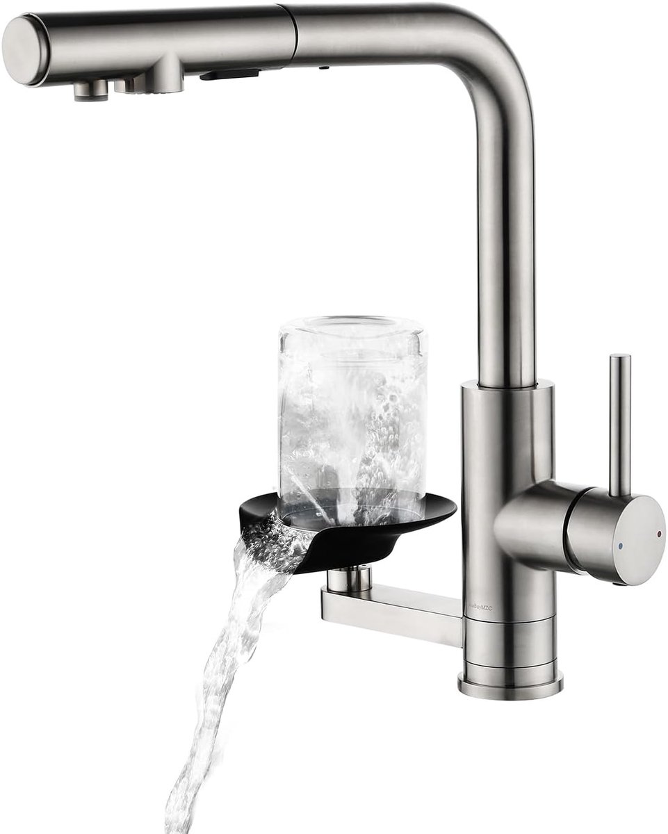 SnelShoppen - 3-in-1 Keukenkraan met Waterfilter en Glasreiniger, Uittrekbare Keukenkraan met Dubbele Spuit, 304 Geborsteld RVS, Ruimtebesparend, Mode