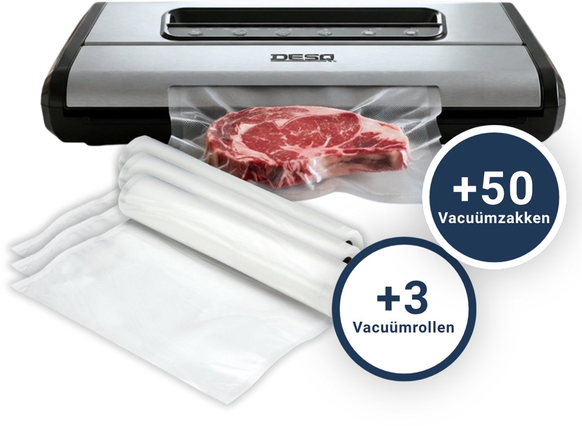 Bol.com DESQ® 8090 Premium RVS Vacuümmachine - Vacumeerapparaat - Set met 3 Vacuümrollen + 50 Vacuümzakken - Dubbele Pomp - 7 Pr... aanbieding