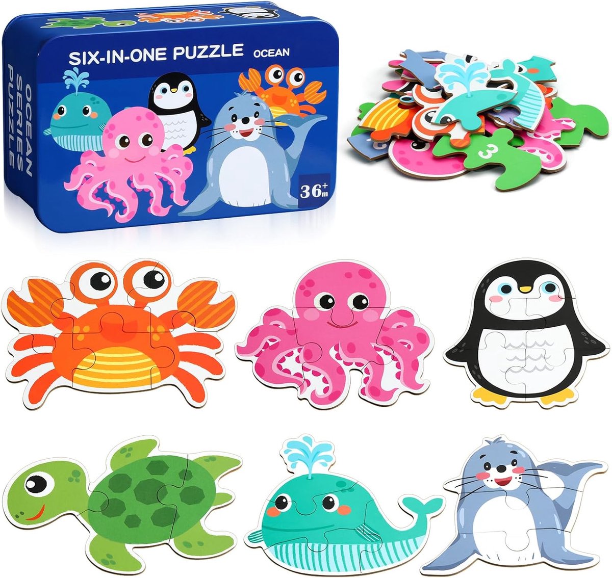 SnelShoppen - Kinderen Puzzel Marine Dieren - 6 Stukken Voor Kinderen 3-5 Jaar - Lichtgewicht en Draagbaar - Perfect Voor Reizen - Leuk Voor Jongens e