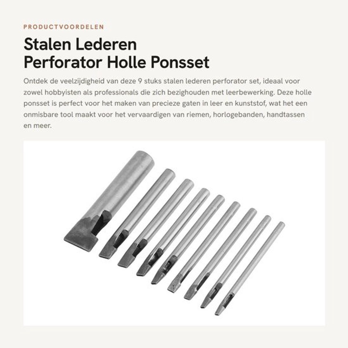Perforator 9 Stuks - Lederen Holle Ponsset - Koolstofstaal - Precisie Gaten - Doe-het-zelf Tool - Duurzaam en Efficiënt - Pons
