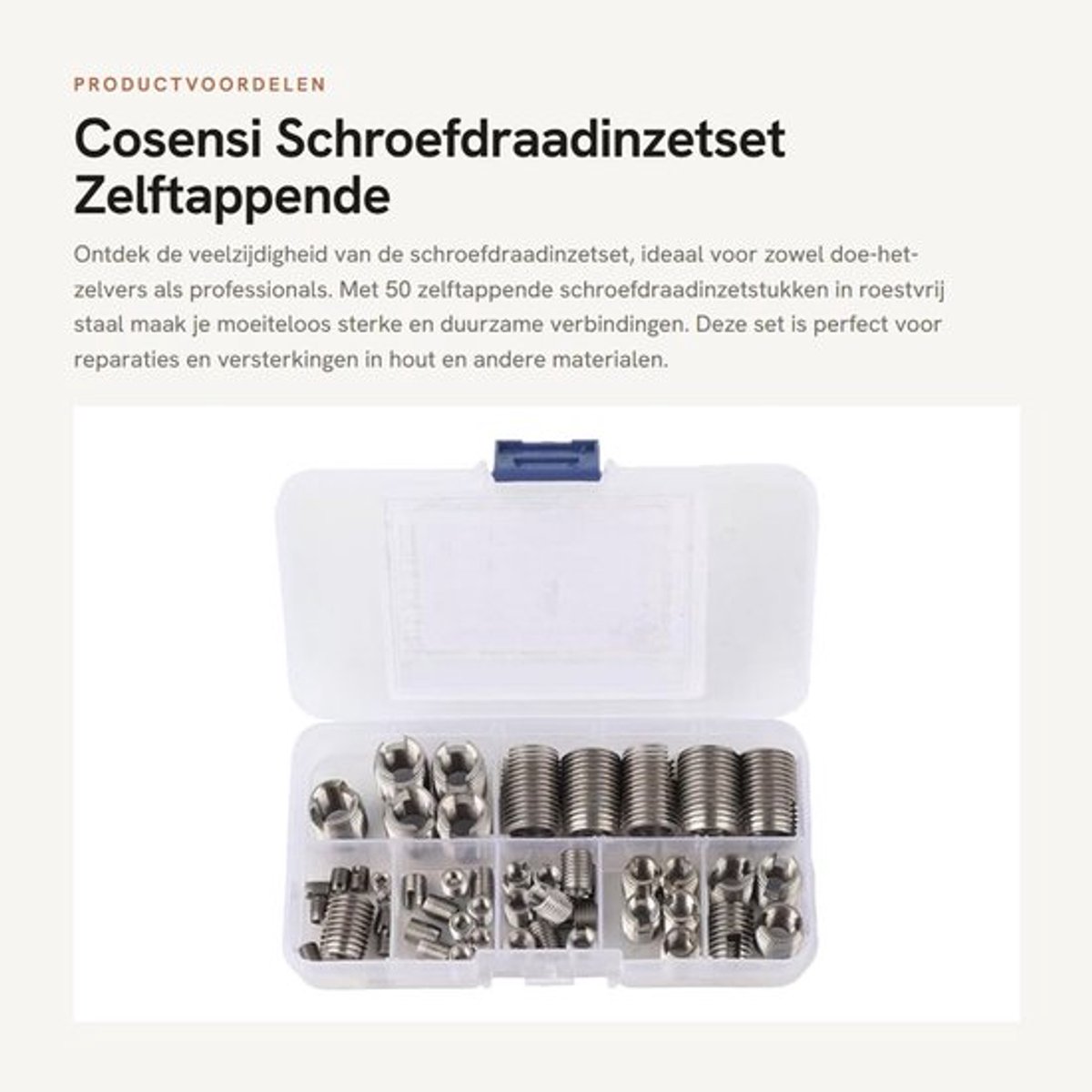 Schroefdraadinzetset 50 Stuks - Zelftappende Schroefdraadinzetstukken - Roestvrij Staal - Versterken - Reparatiegereedschap - Eenvoudige Installatie - Bevestigingselement
