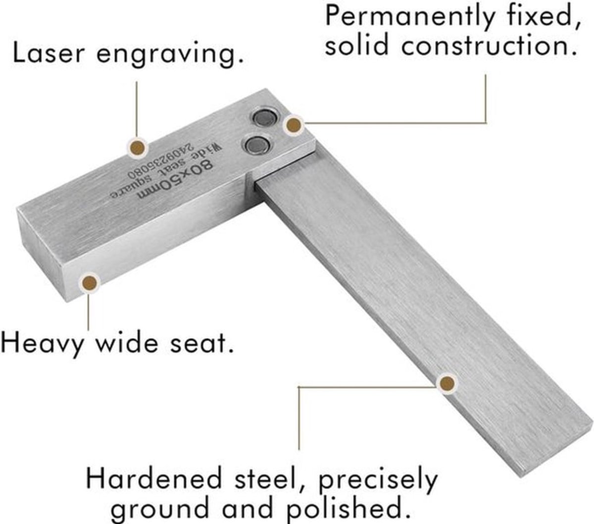 Machinistisch Vierkant - Brede Zitting - Precisie-ingenieur - 90 Graden Hoek - Heavy-duty Basis - Gegraveerde Afmetingen - Inclusief Beschermdoos - Meetinstrument