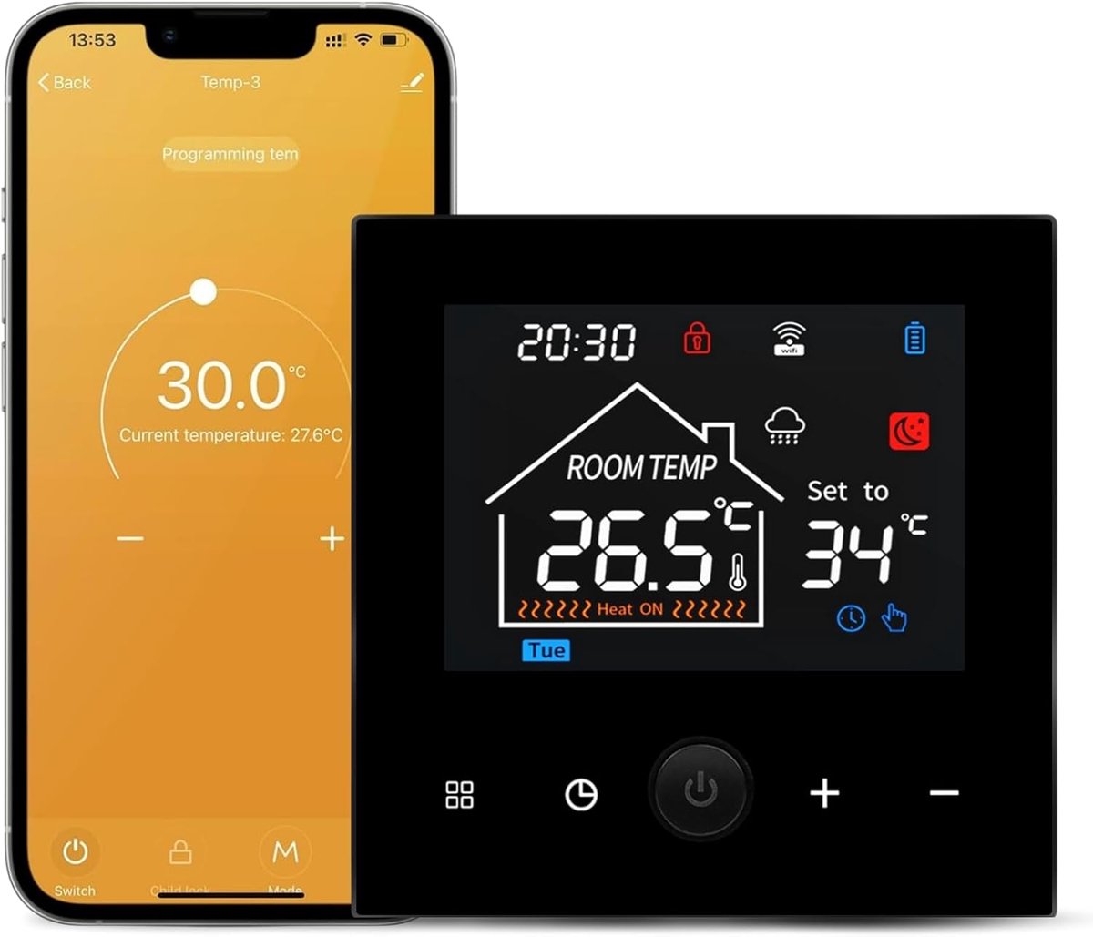 SnelShoppen - Smart Thermostat WiFi, Programmeerbare Temperatuur Controller voor Verwarming, Muurmontage, Energiezuinig, Tuya en Smart Life Compatibel