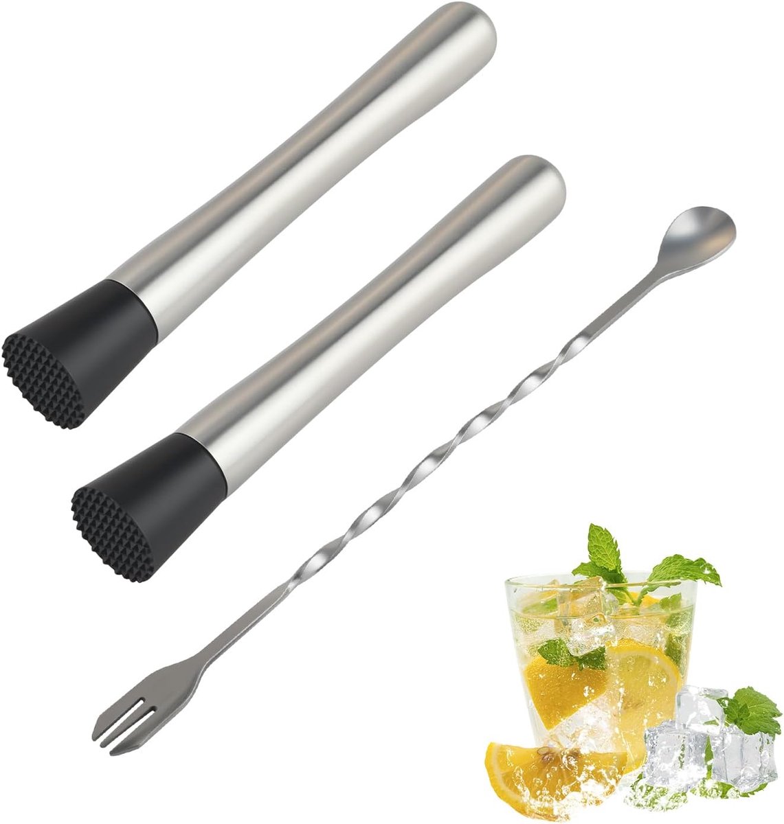 2 stuks cocktailstamper met barlepel, roestvrijstalen ijscrusher & mojito stamper, bartending gereedschap voor - ShopVlot