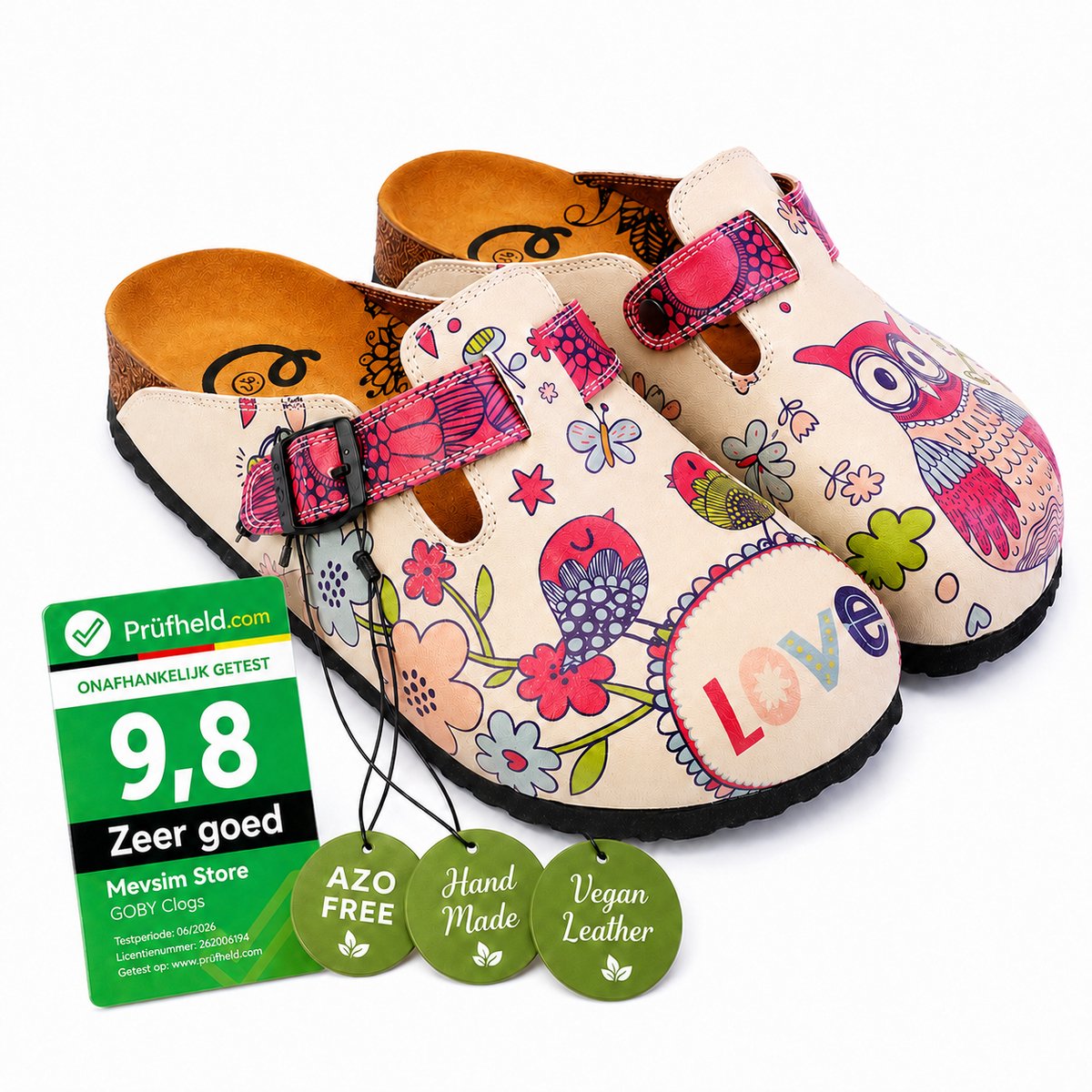Goby Floral Love Clogs - Vegan Leer - Handmade - Bloemenprint - Maat 41