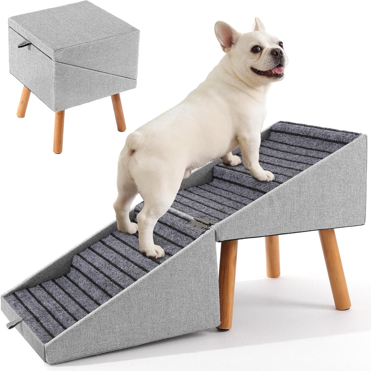 SnelShoppen - Hondentrap voor Kleine Honden en Katten - Inklapbare 2-in-1 Houten Huisdiertreden - Lichtgrijs - 43,5 cm Hoog - Ideaal voor Bank en Bed