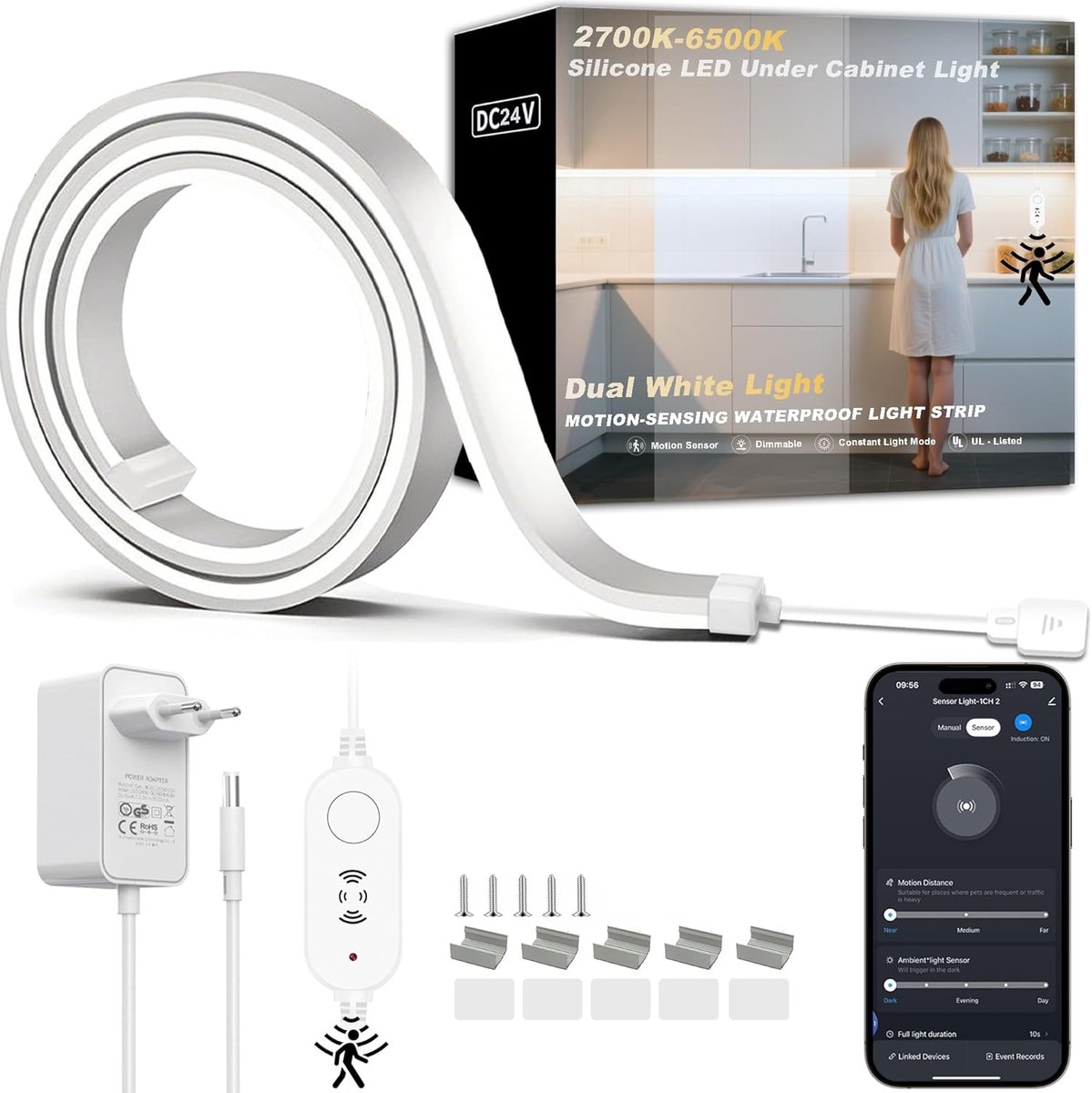 SnelShoppen - LED Onderbouwverlichting 1m met Bewegingssensor, Dimbaar en Flexibele Siliconen LED Strips voor Keuken, Kantoor, Kast, Woonkamer, Compat