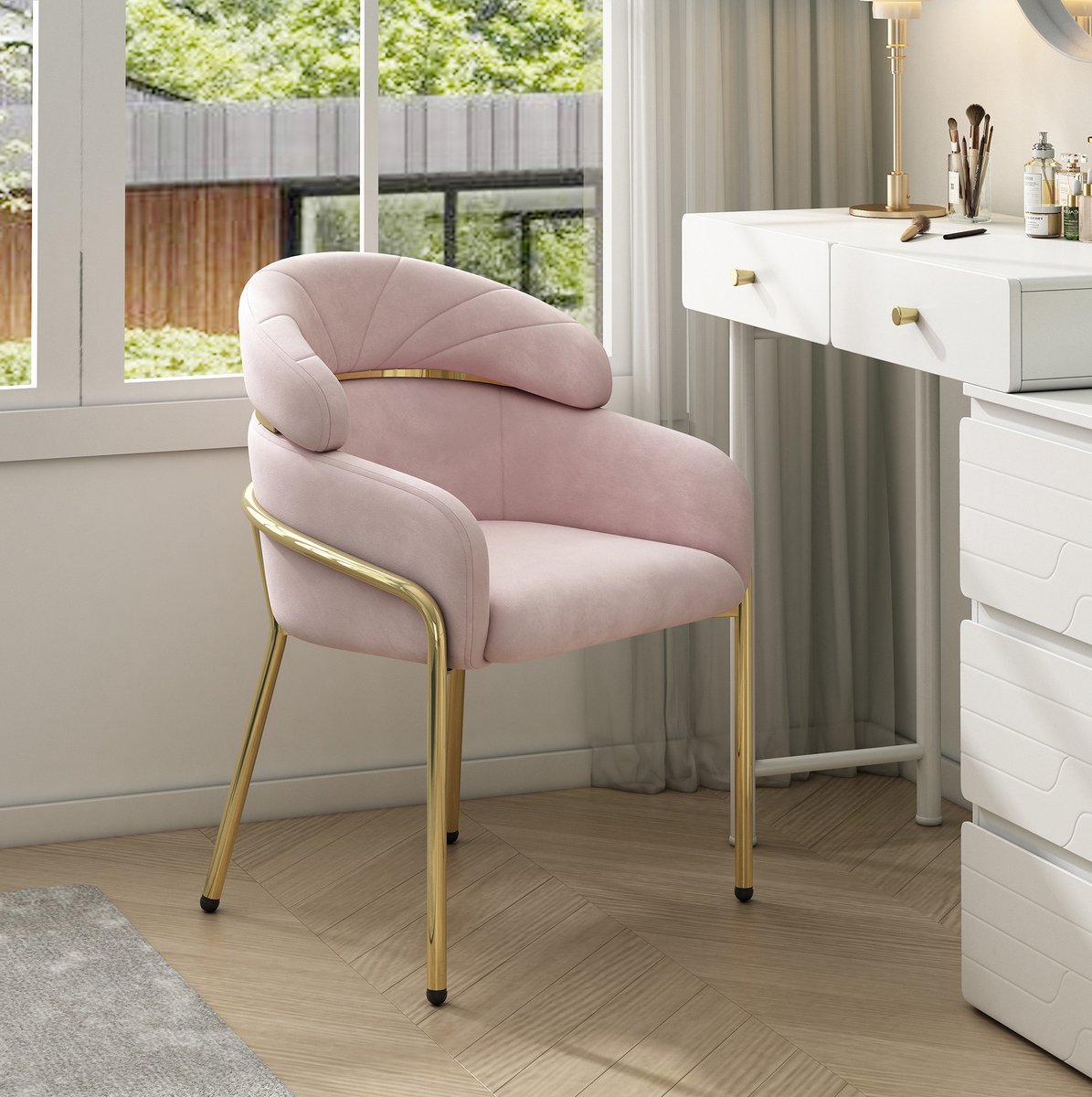 MEUNIQ Eetkamerstoel in roze fluweel met armleuningen en metalen poten, 79 cm hoog, voor eetkamer, woonkamer of slaapkamer
