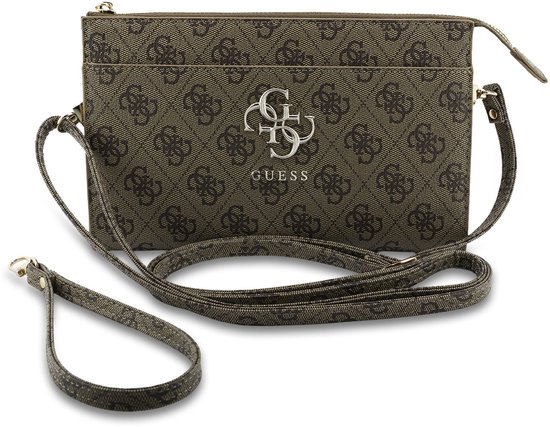 Petit sac bandoulière marron GUESS de la série 4G avec logo répétitif, logo argenté et bandoulière amovible.