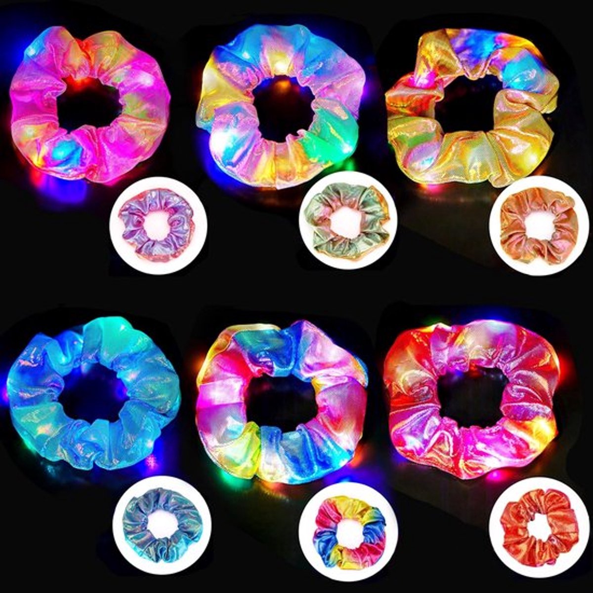 Haarelastiekjes 6 stuks - Lichtgevende Haaraccessoires - Elastisch - Scrunchie - 3 Lichtmodi - Kleurverloop - Scrunchies