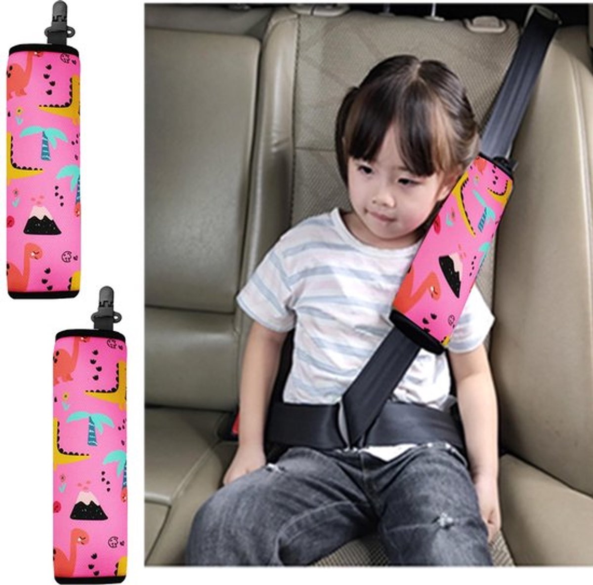 Veiligheidsgordelhoes auto kinderen 2 stuks dinosaurus gordelhoes auto kinderen bekleding veiligheidsgordel Het ontwerp van de vaste gesp beweegt niet (roze dinosaurus)