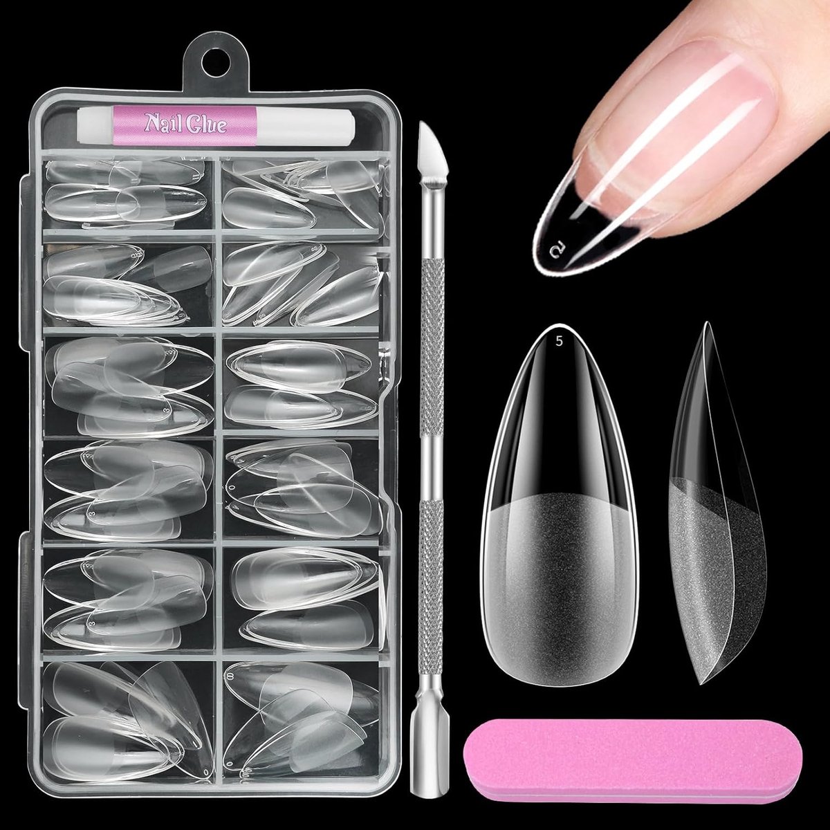 SnelShoppen - 120 Stuks Acryl Nageltips Short Almond - Full Cover Kunstnagels met Lijm, Nagelbuffer en Cuticle Pusher - Voor Beginners en Professionee