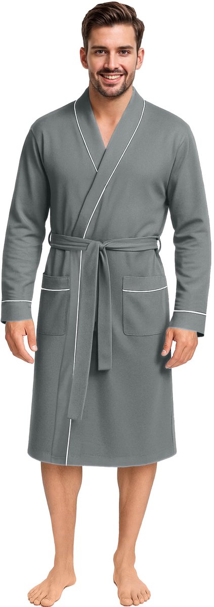 SnelShoppen - Badjas voor heren van katoenmix, gebreide grijze badjas Large - Comfortabele huisjas voor thuis, sauna, of na het douchen
