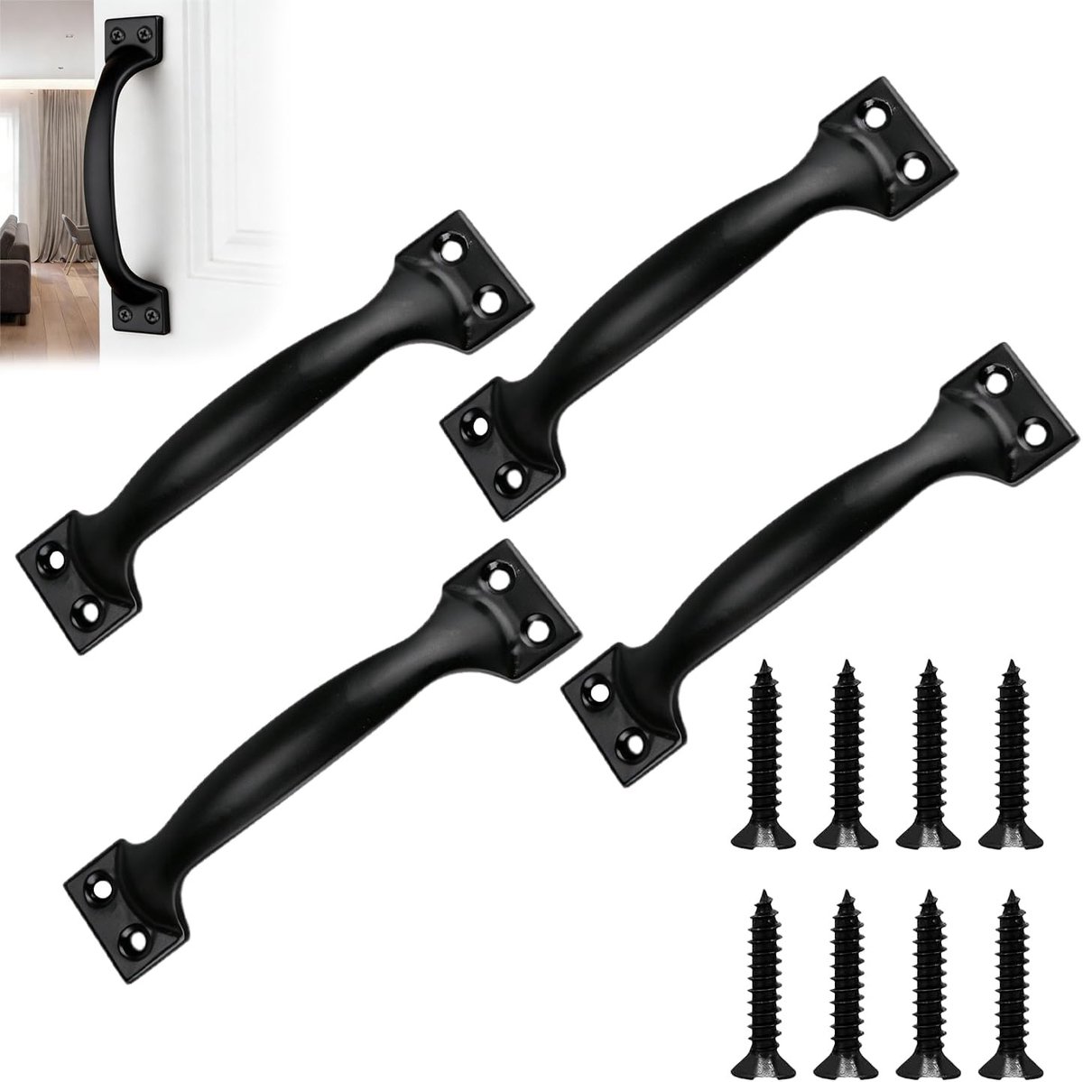Set van 4 Zwarte Deurgrepen 143mm met 16 Schroeven voor Houten Poorten, Schuurdeuren en Meubels, Geschikt voor Binnen- en Buitengebruik