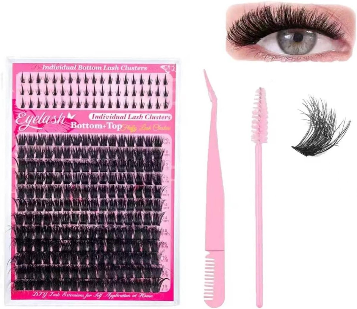 Wimperset met 302 stuks, D-krul wimperclusters, lijm en verwijderaar voor volume wimperextensions, 10-16 mm, ideaal voor doe-het-zelf thuisgebruik