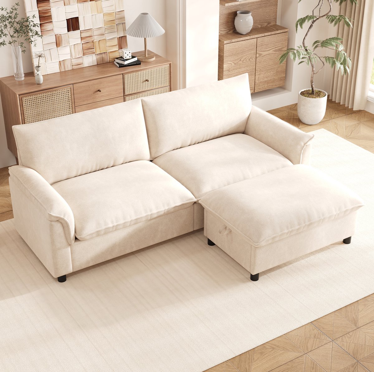 REDOM - Bank - Modulaire hoekbank - Bewegelijke voetenbank met opbergruimte - Hoge rugleuning - Chenille - Volwassenen - Beige - 216 x 82 x 77 cm